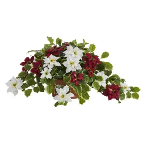 13" x 26" Artificial Poinsettia & Variegated Holly Plant in Terra-Cotta (Real Touch) - Low Maintenance, Life-Like & Vibrant Silk Flowers For Busy People.