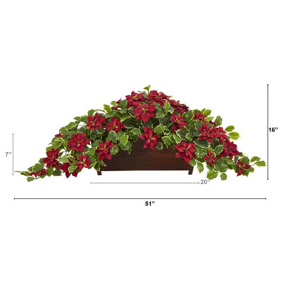 16" x 51" Artificial Poinsettia & Variegated Holly Plant in Decorative Planter (Real Touch) - Low Maintenance, Life-Like & Vibrant Silk Flowers For Busy People.