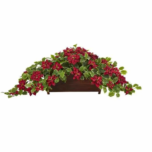 16" x 51" Artificial Poinsettia & Variegated Holly Plant in Decorative Planter (Real Touch) - Low Maintenance, Life-Like & Vibrant Silk Flowers For Busy People.