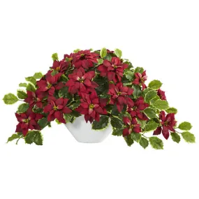 20"Artificial Poinsettia & Variegated Holly Flower in White Planter (Real Touch) - Low Maintenance, Life-Like & Vibrant Silk Flowers For Busy People.