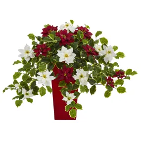 23" Artificial Poinsettia & Variegated Holly Plant in Planter (Real Touch) - Low Maintenance, Life-Like & Vibrant Silk Flowers For Busy People.