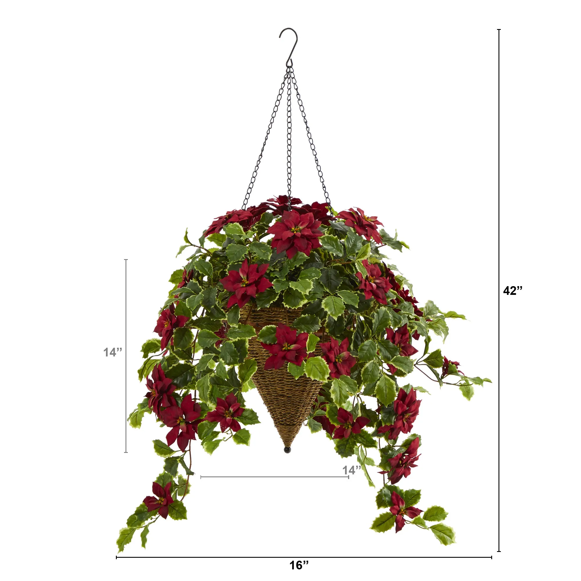 3.5퀁Íí€äó_í‰äóÁí€äó_퉌¢ Poinsettia and Variegated Holly Artificial Plant in Hanging Cone Basket (Real Touch)