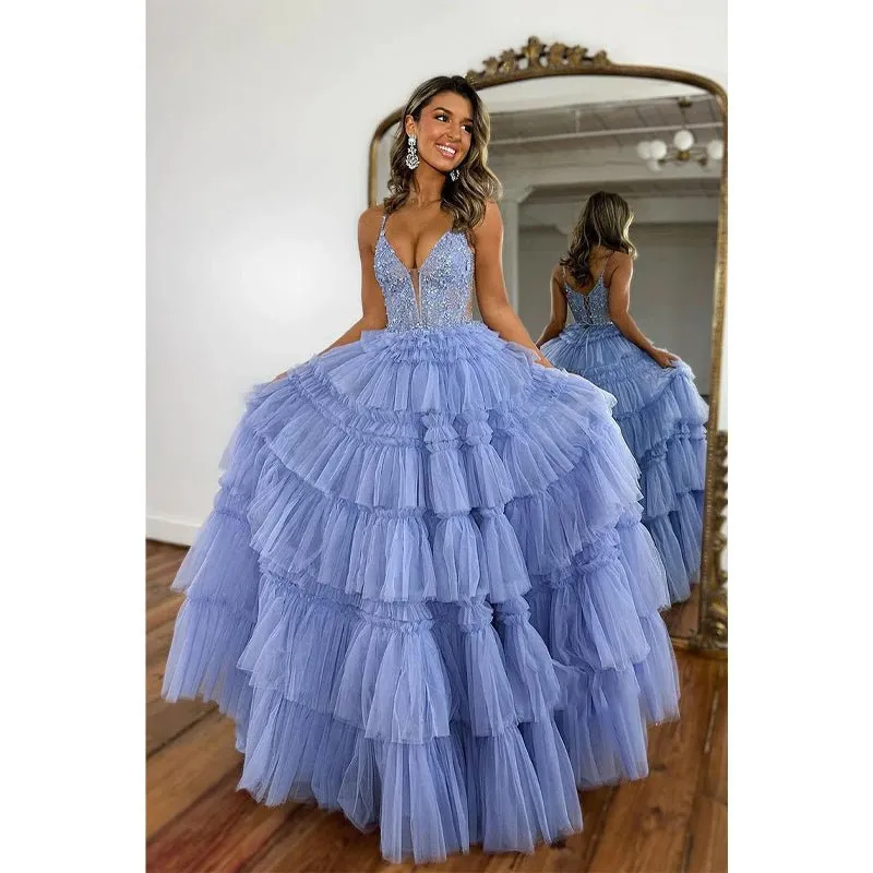 A-line V Neck Applique Lilac Ball Gown Long Formal Evening Gowns