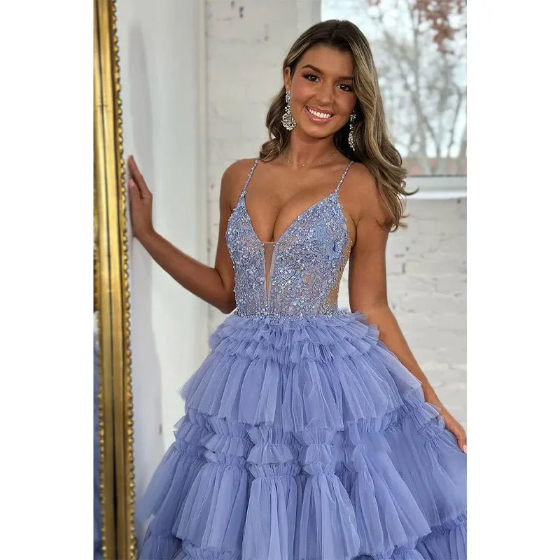 A-line V Neck Applique Lilac Ball Gown Long Formal Evening Gowns