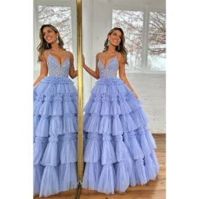 A-line V Neck Applique Lilac Ball Gown Long Formal Evening Gowns