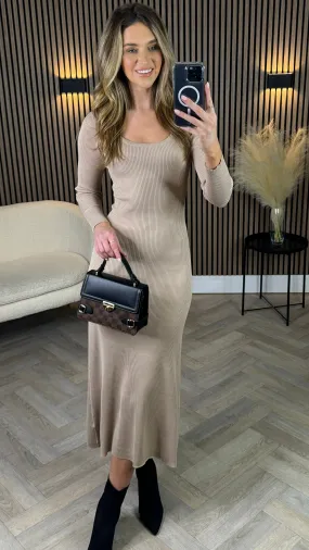 Addison Camel Ribbed Knit Midi Dress