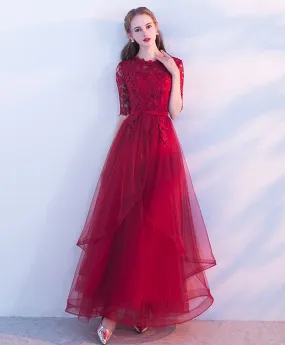 Aline Burgundy Long Prom Dress, Lace Burgundy Formal Graduation Dress