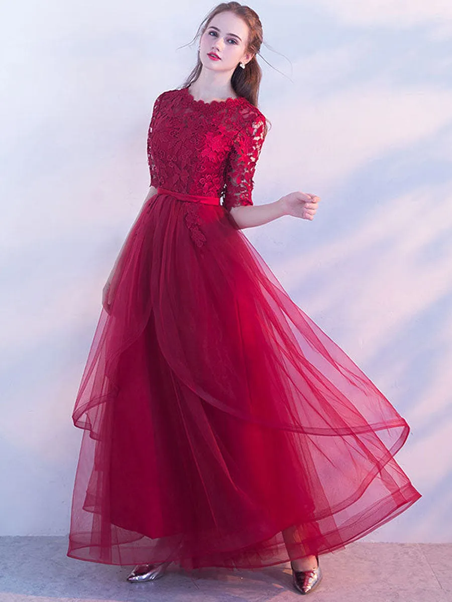 Aline Burgundy Long Prom Dress, Lace Burgundy Formal Graduation Dress