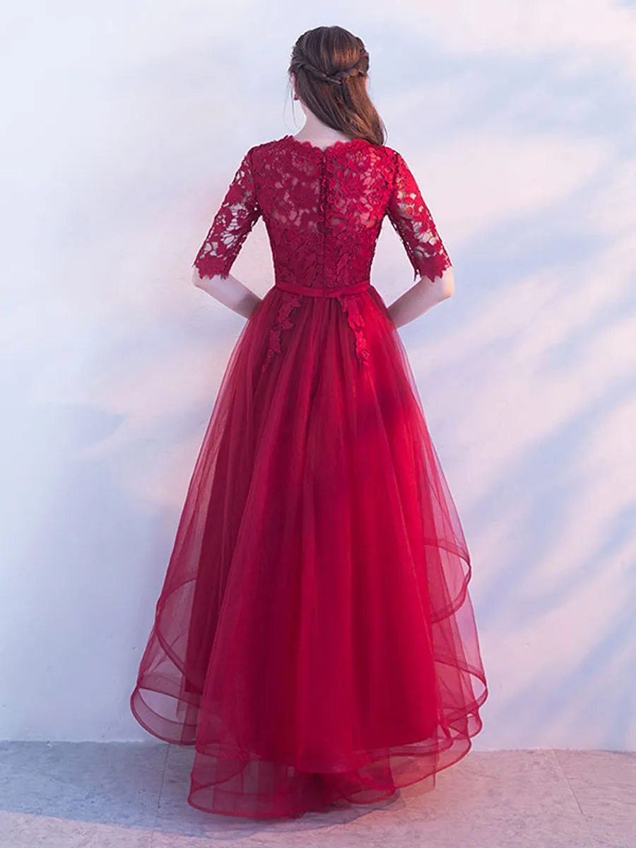 Aline Burgundy Long Prom Dress, Lace Burgundy Formal Graduation Dress