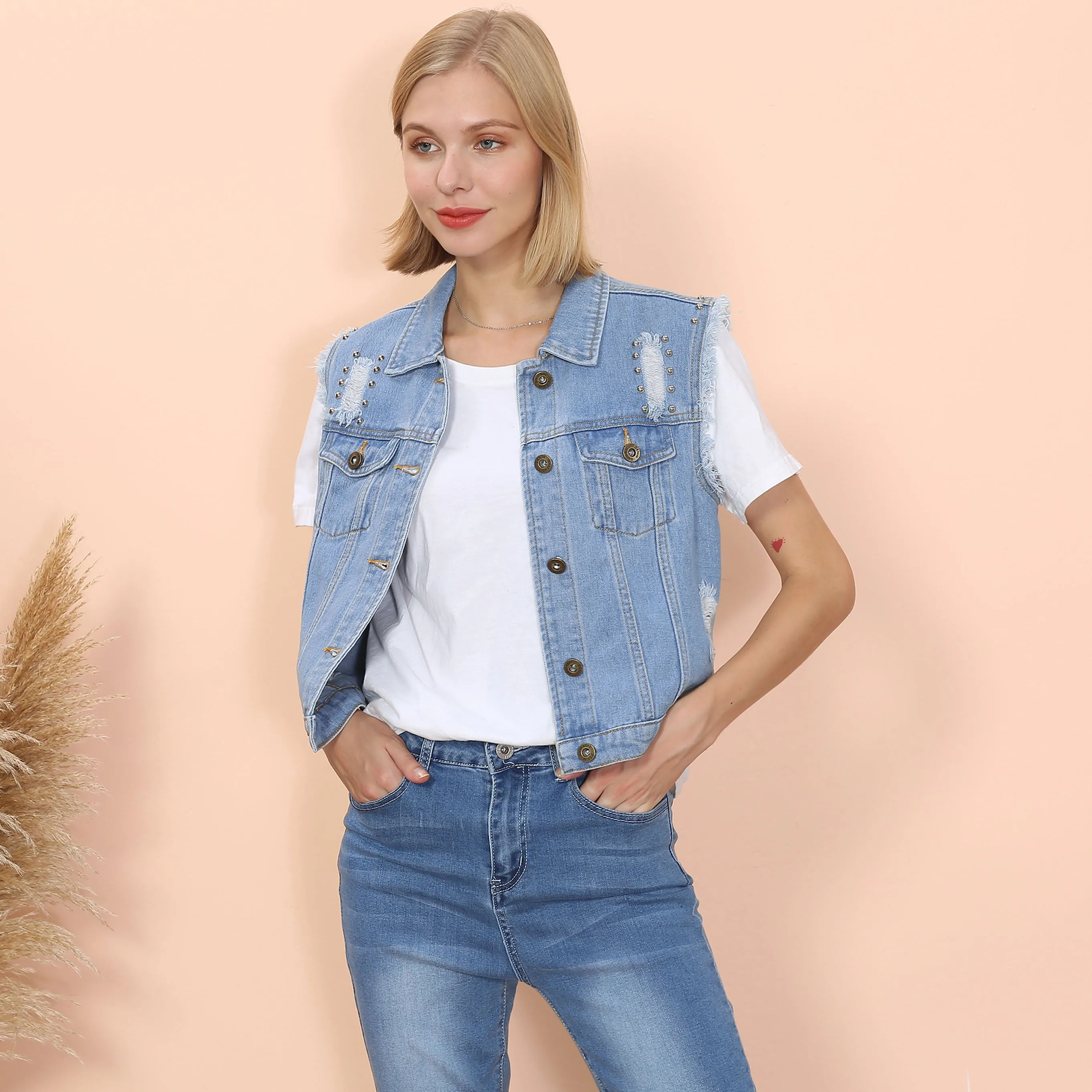 Anna-Kaci Women Sleeveless Distressed Denim Jean Vest Jacket Button Up Crop Outwear
