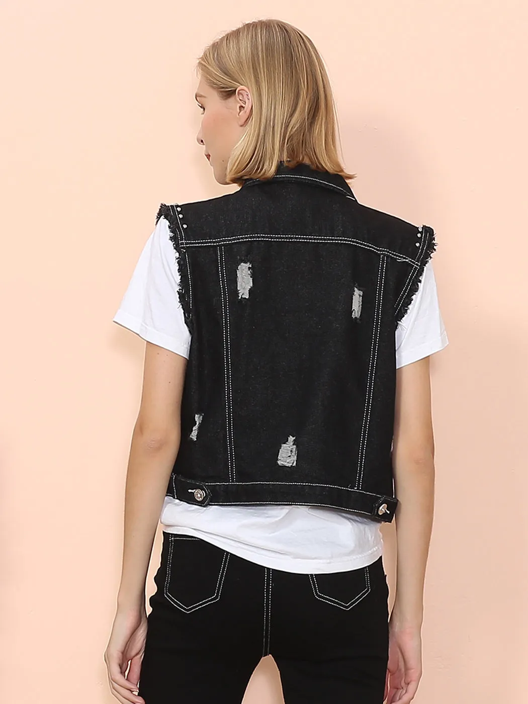 Anna-Kaci Women Sleeveless Distressed Denim Jean Vest Jacket Button Up Crop Outwear