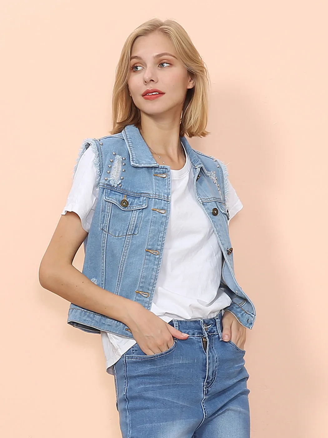 Anna-Kaci Women Sleeveless Distressed Denim Jean Vest Jacket Button Up Crop Outwear