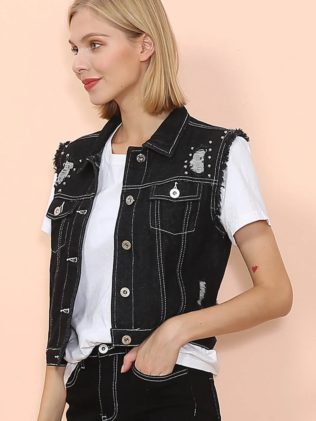 Anna-Kaci Women Sleeveless Distressed Denim Jean Vest Jacket Button Up Crop Outwear