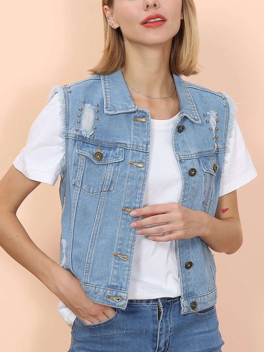 Anna-Kaci Women Sleeveless Distressed Denim Jean Vest Jacket Button Up Crop Outwear