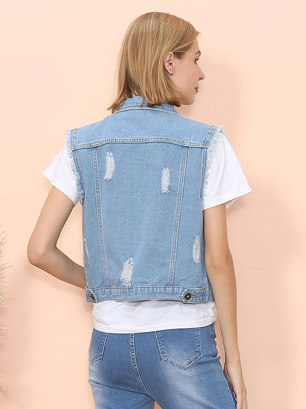 Anna-Kaci Women Sleeveless Distressed Denim Jean Vest Jacket Button Up Crop Outwear