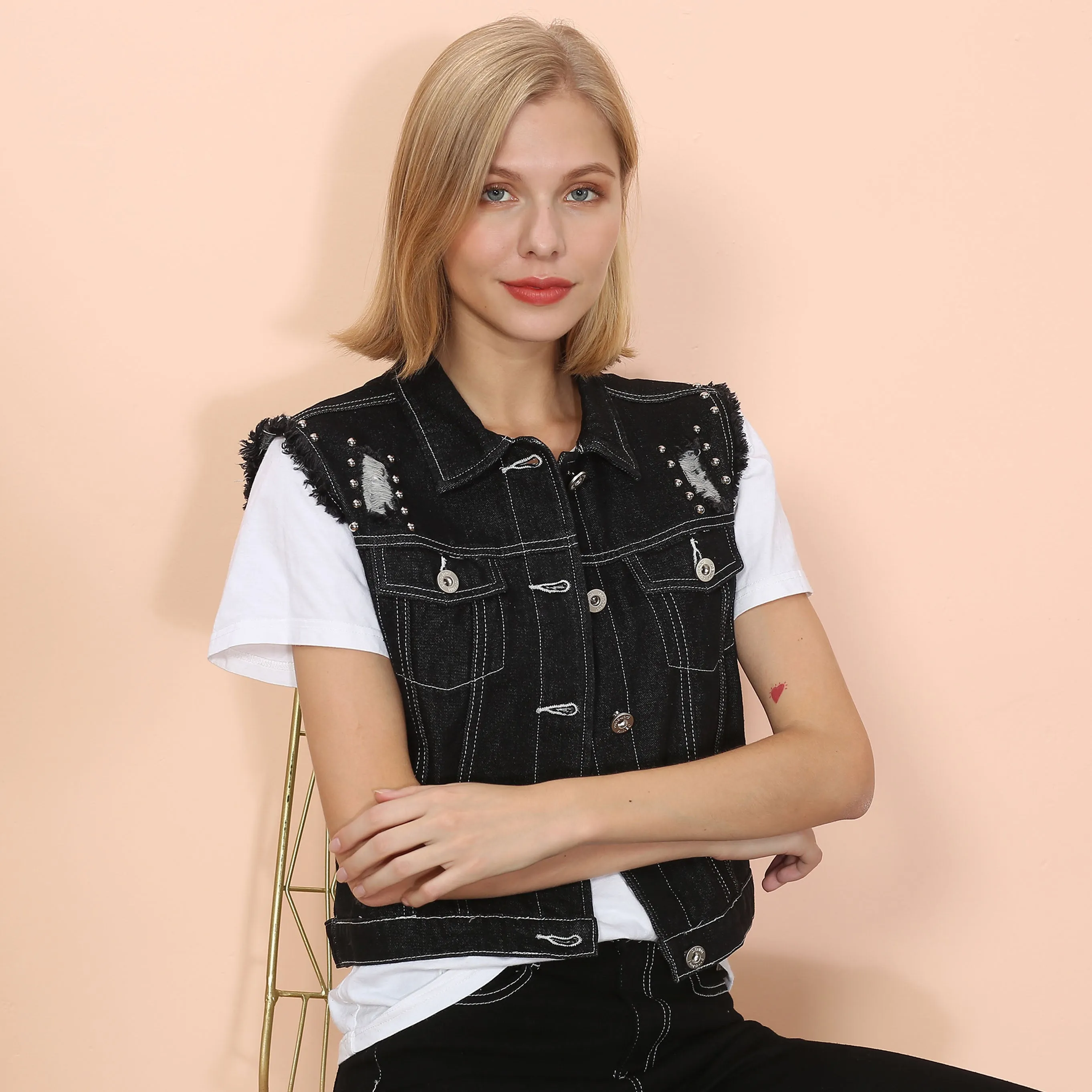 Anna-Kaci Women Sleeveless Distressed Denim Jean Vest Jacket Button Up Crop Outwear