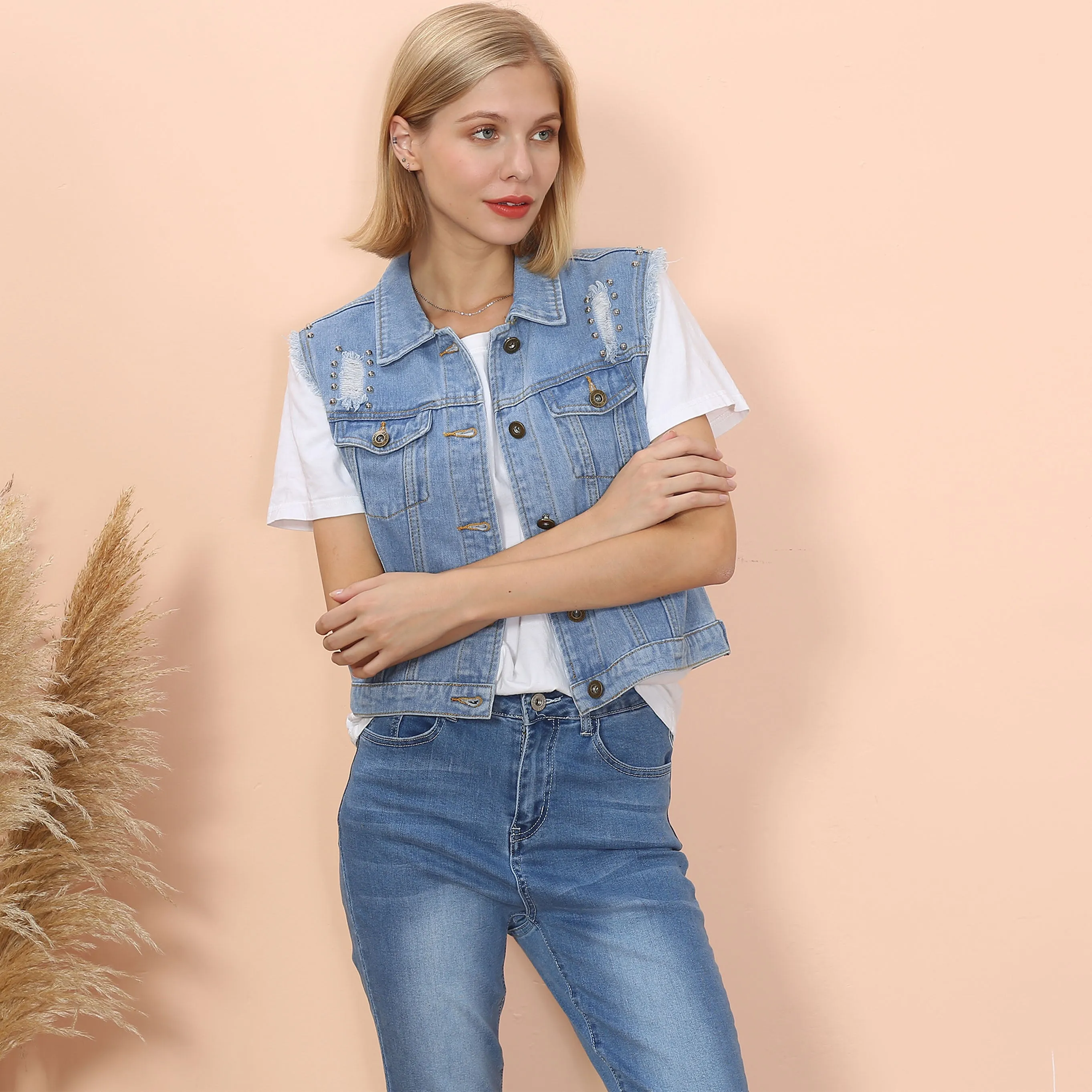 Anna-Kaci Women Sleeveless Distressed Denim Jean Vest Jacket Button Up Crop Outwear
