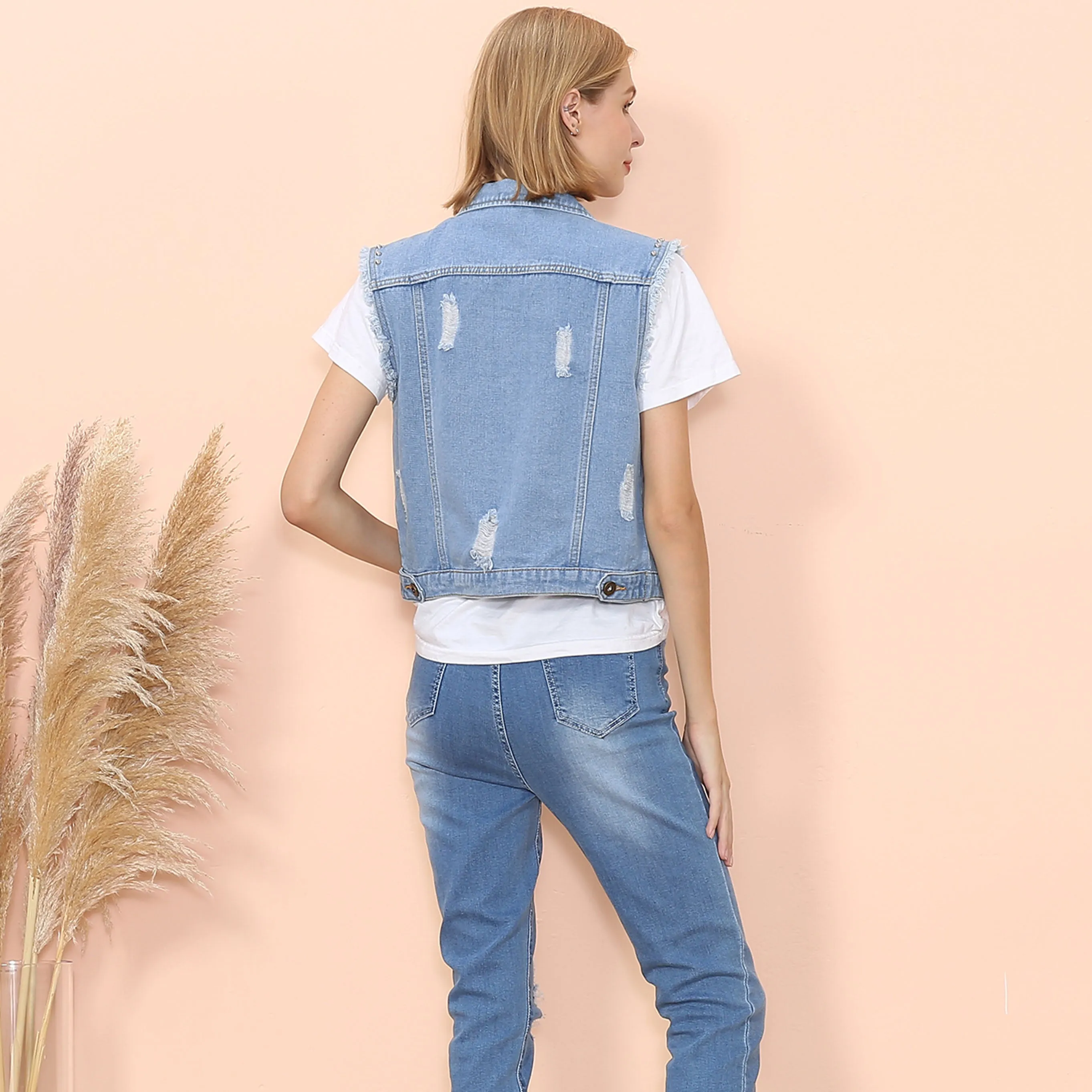Anna-Kaci Women Sleeveless Distressed Denim Jean Vest Jacket Button Up Crop Outwear