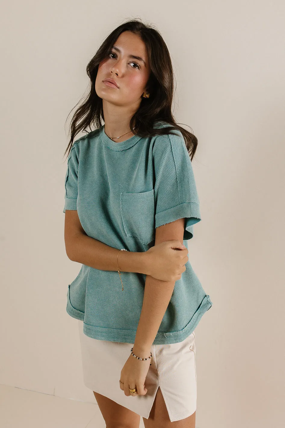 Ariella Waffle Knit Top in Blue - FINAL SALE
