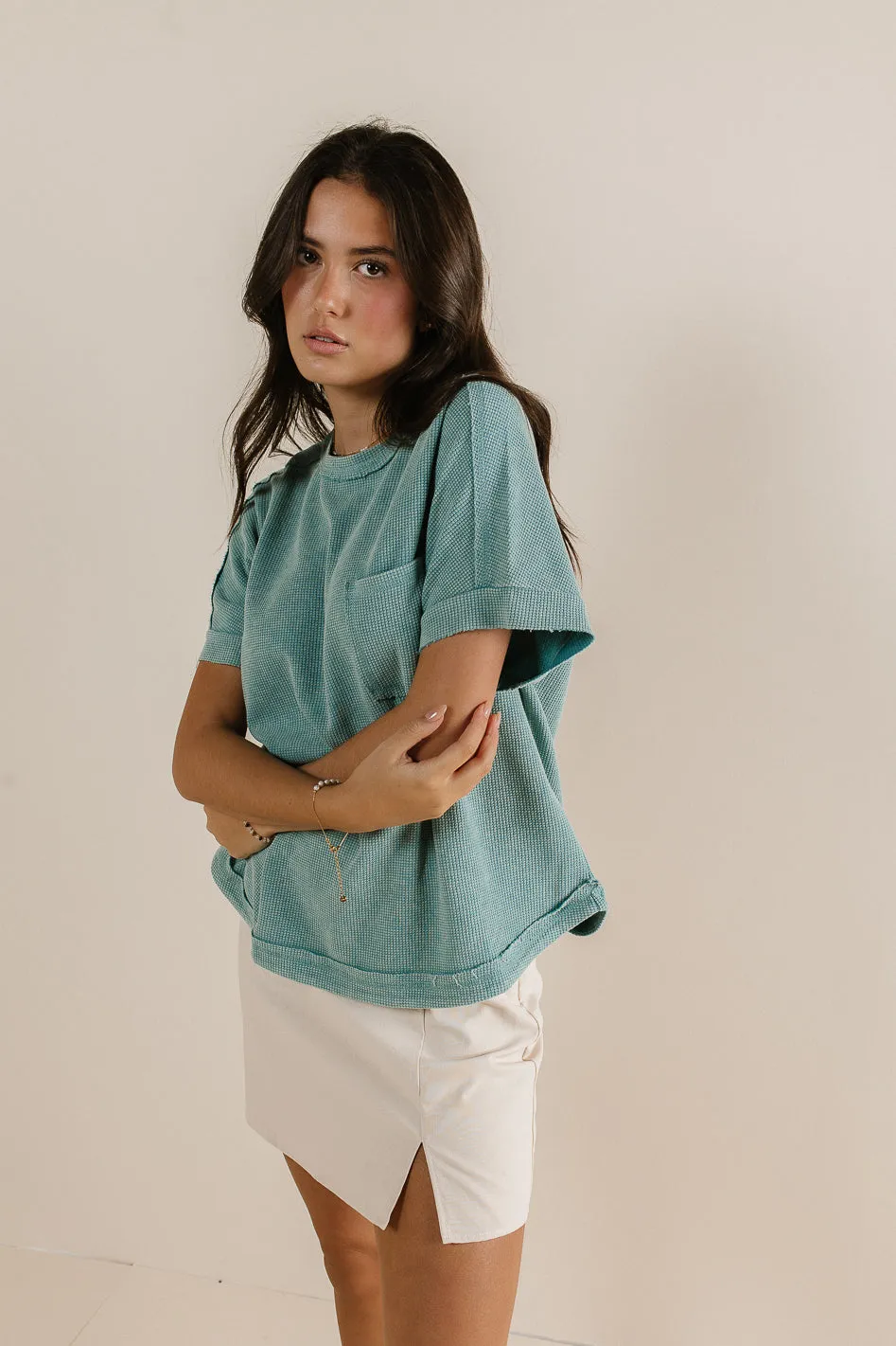 Ariella Waffle Knit Top in Blue - FINAL SALE
