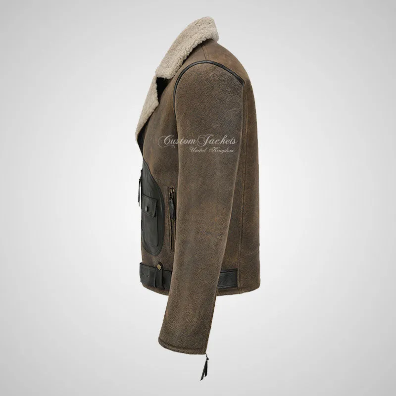 ASTER Men's Biker Sheepskin Pilot Jacket Beige Fur Shearling Jacket