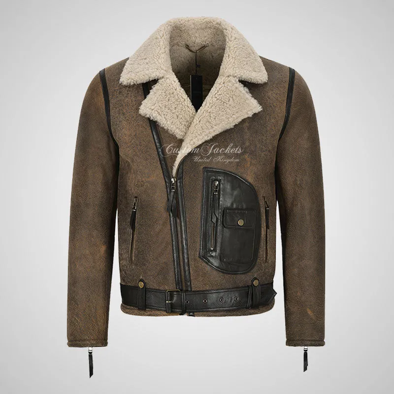 ASTER Men's Biker Sheepskin Pilot Jacket Beige Fur Shearling Jacket