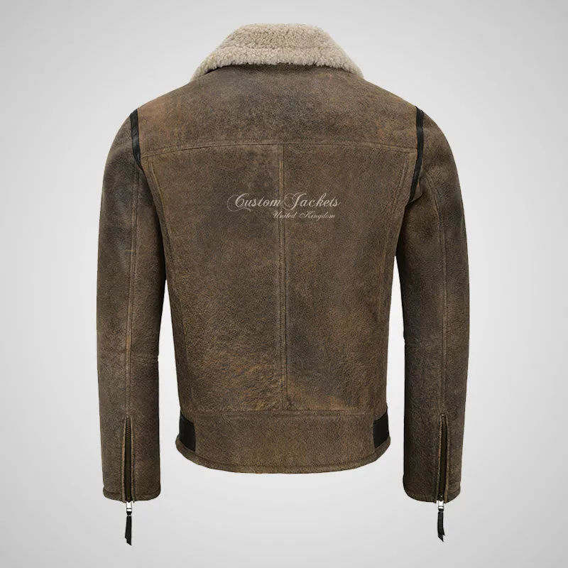 ASTER Men's Biker Sheepskin Pilot Jacket Beige Fur Shearling Jacket