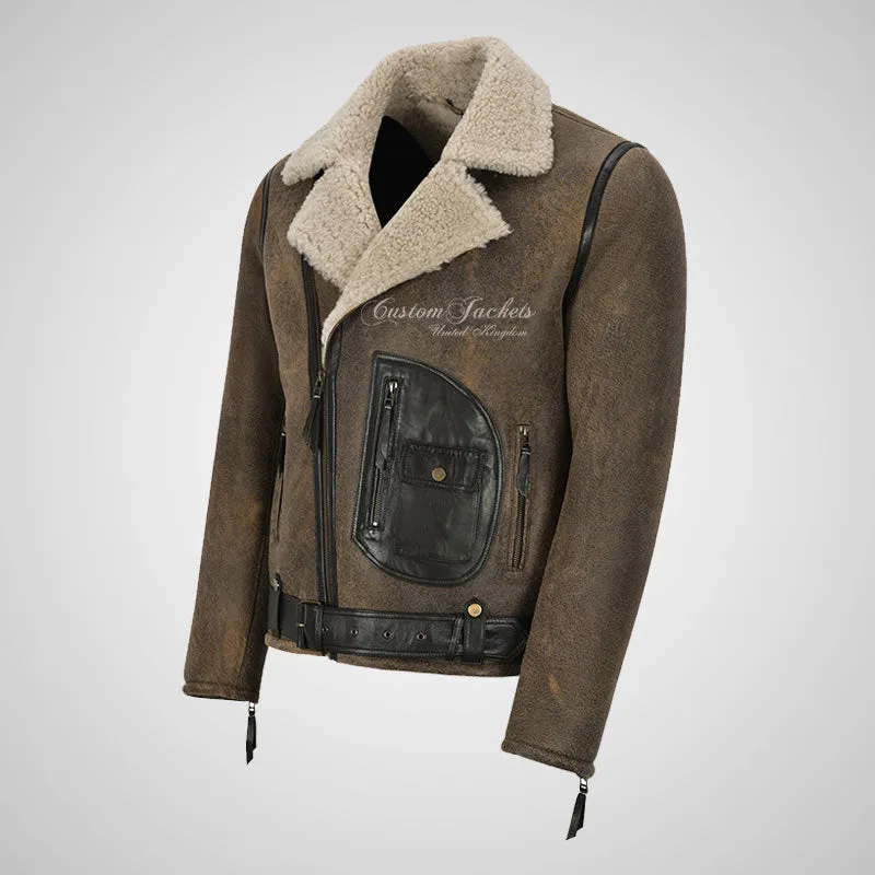 ASTER Men's Biker Sheepskin Pilot Jacket Beige Fur Shearling Jacket