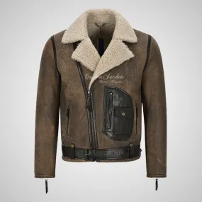 ASTER Men's Biker Sheepskin Pilot Jacket Beige Fur Shearling Jacket