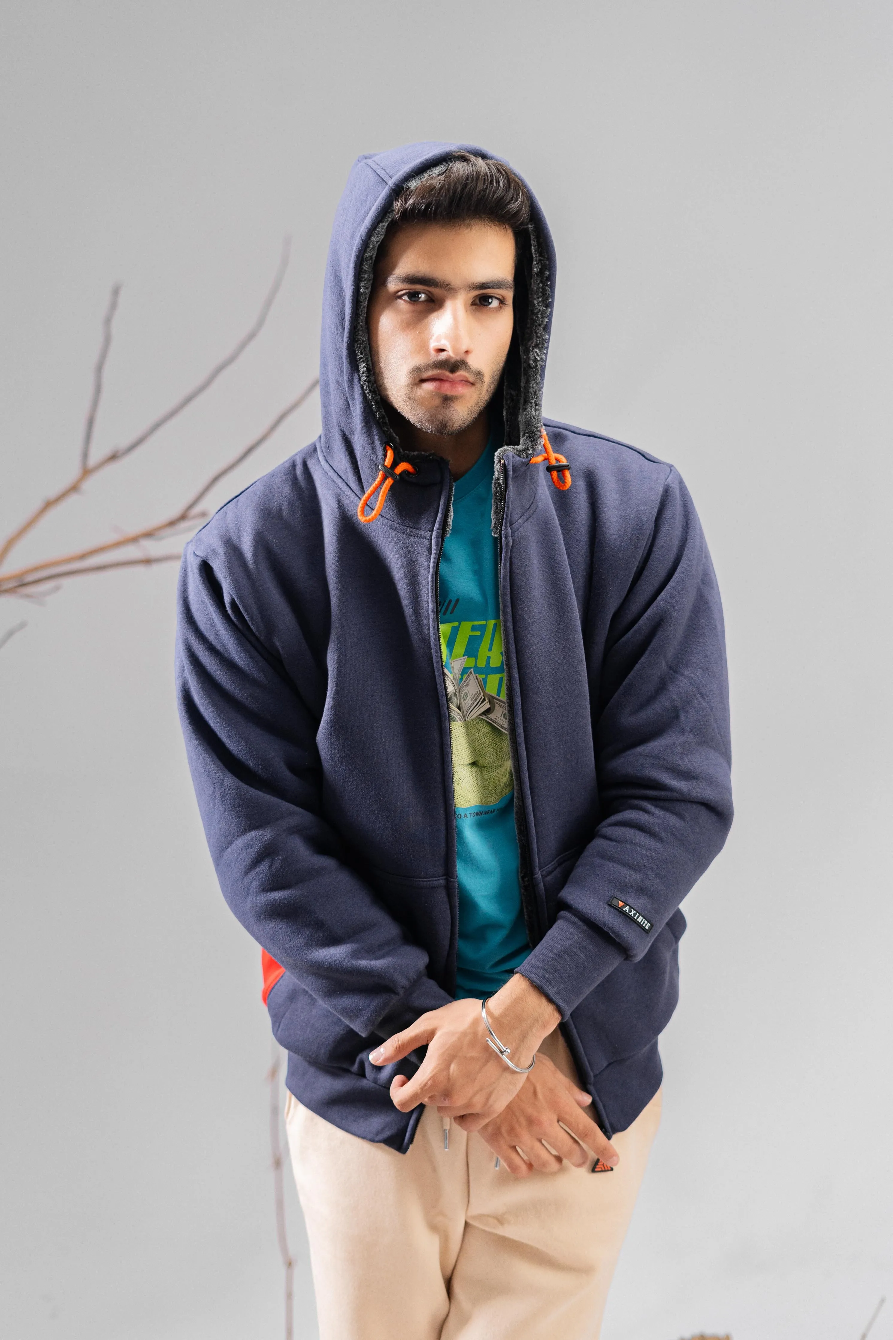 Axinite Men's AX 96 Contrast Panel Fleece Zipper Hoodie.