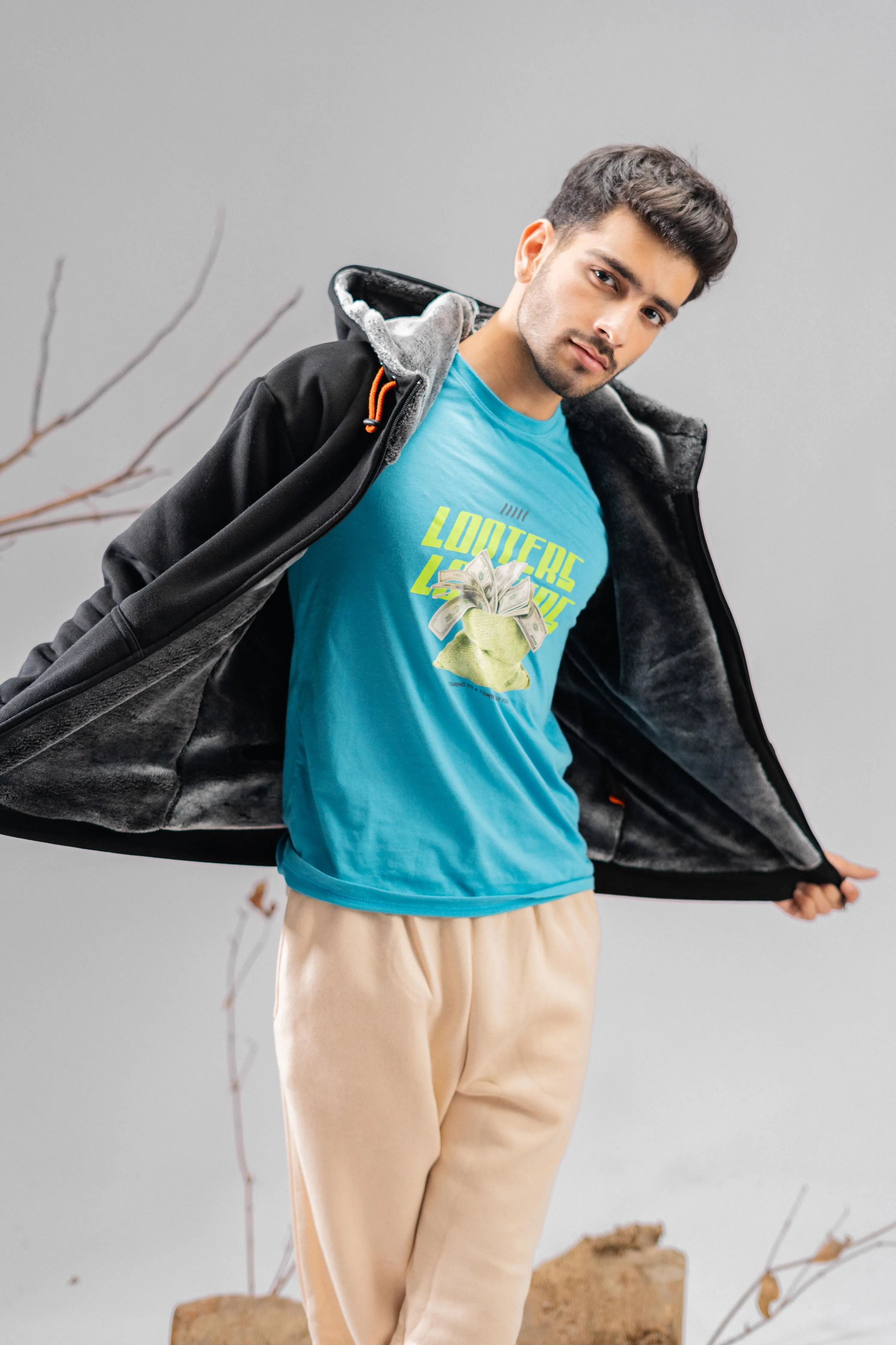 Axinite Men's AX 96 Contrast Panel Fleece Zipper Hoodie.