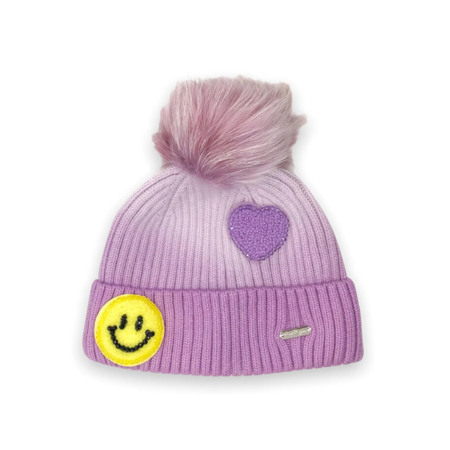 Bari Lynn Ombre Knit Beanie w/ Fur Pom & Patches