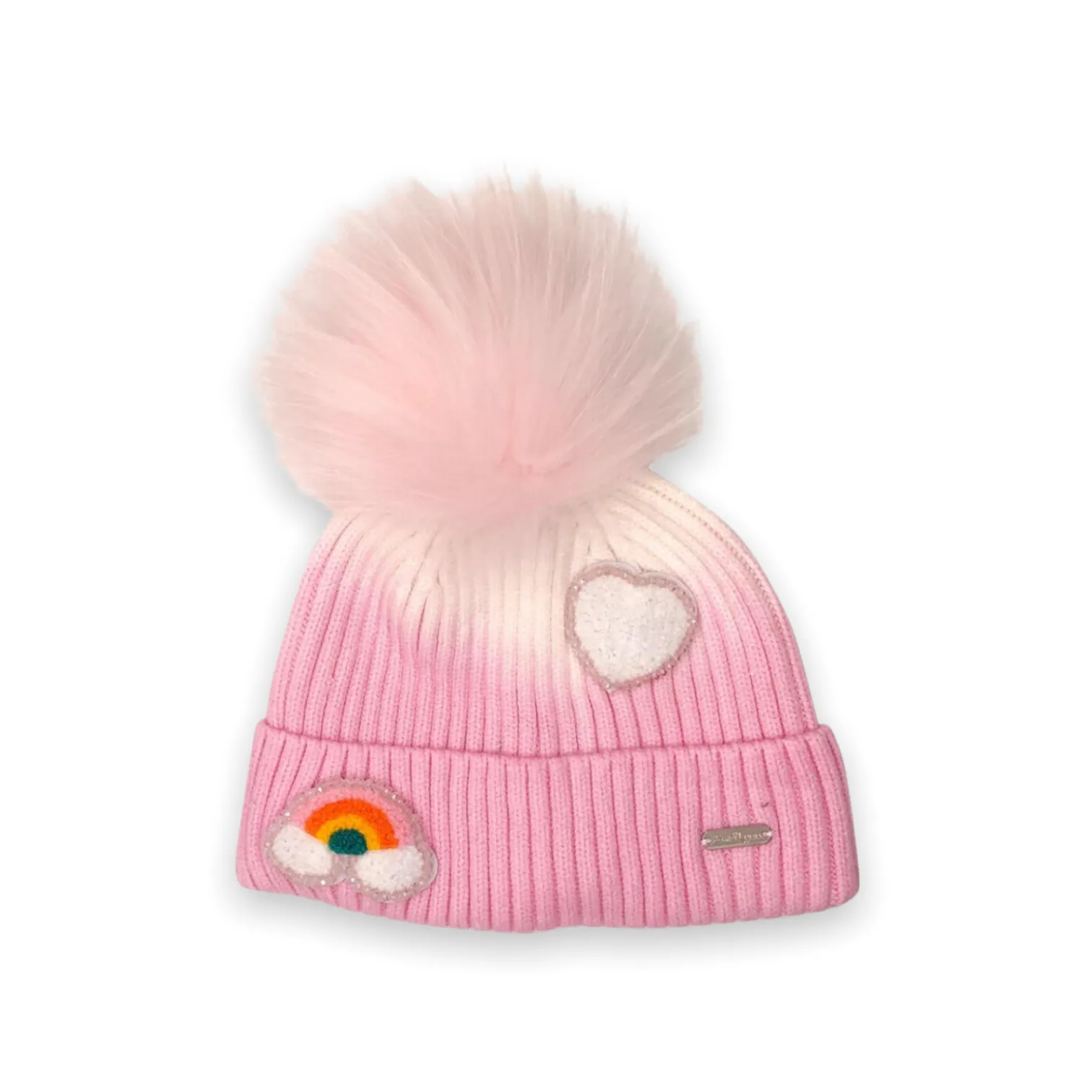 Bari Lynn Ombre Knit Beanie w/ Fur Pom & Patches