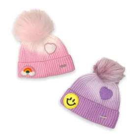 Bari Lynn Ombre Knit Beanie w/ Fur Pom & Patches