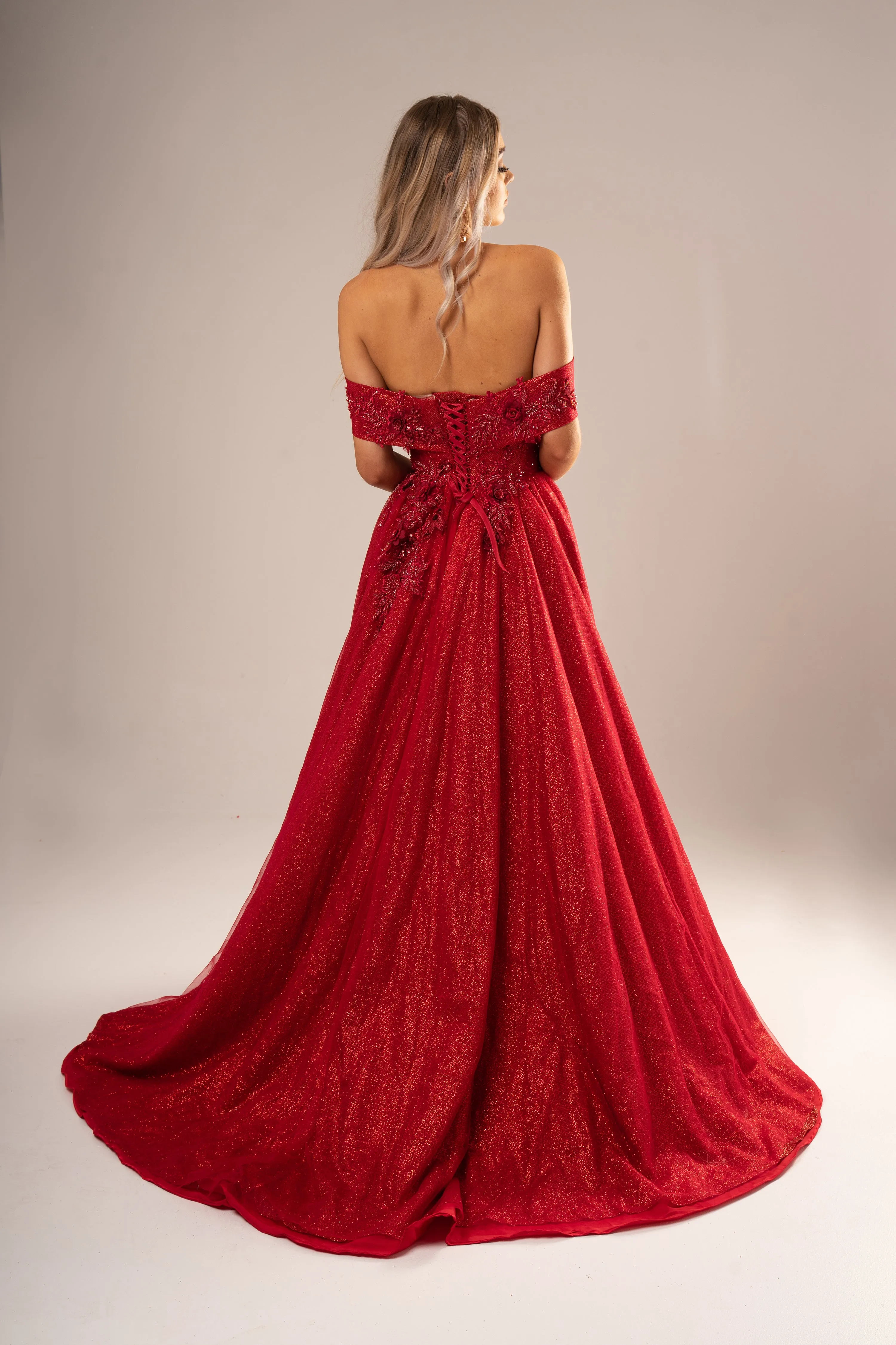 Beatrice dark red sparkling princess dress with 3D flowers for hire