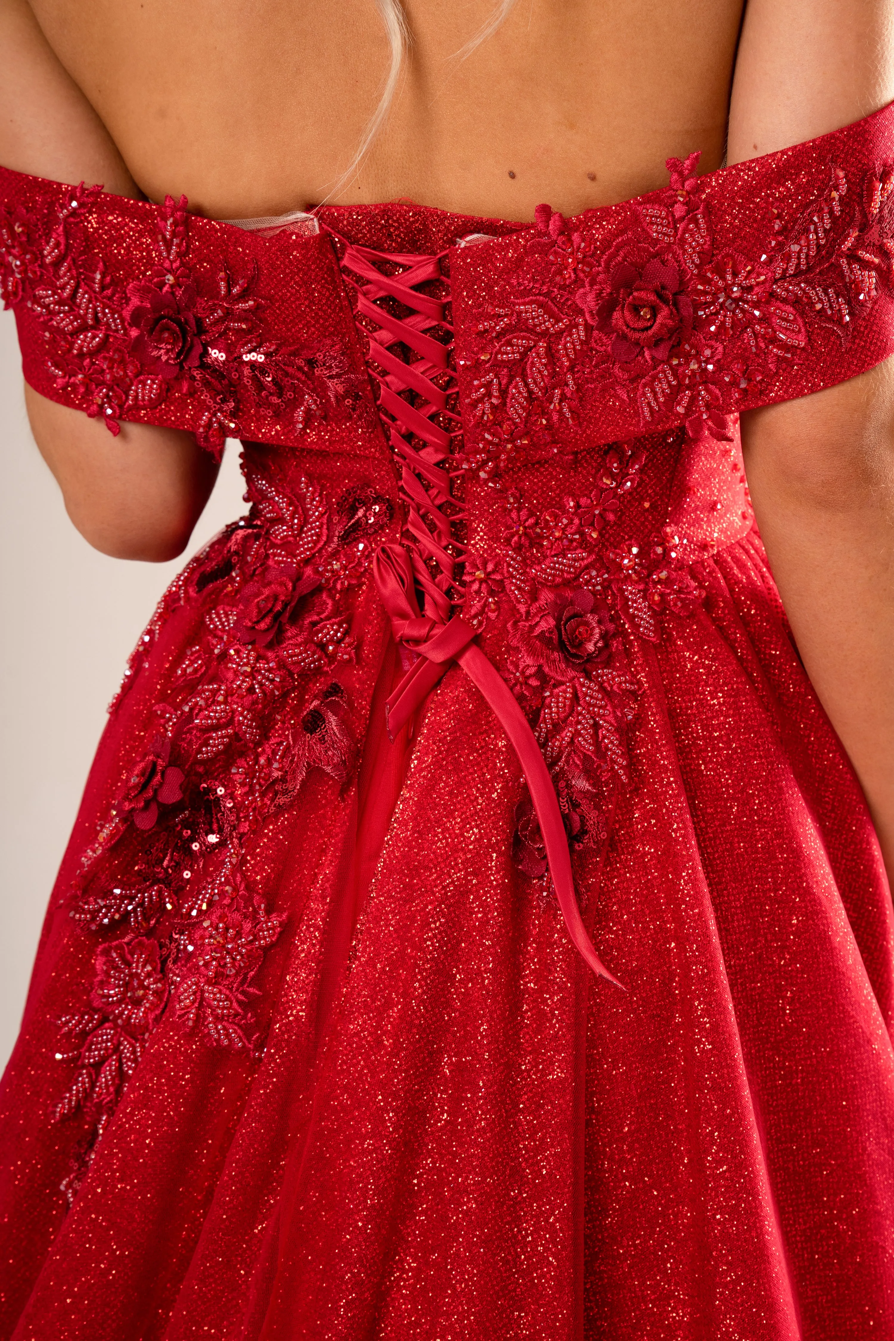 Beatrice dark red sparkling princess dress with 3D flowers for hire
