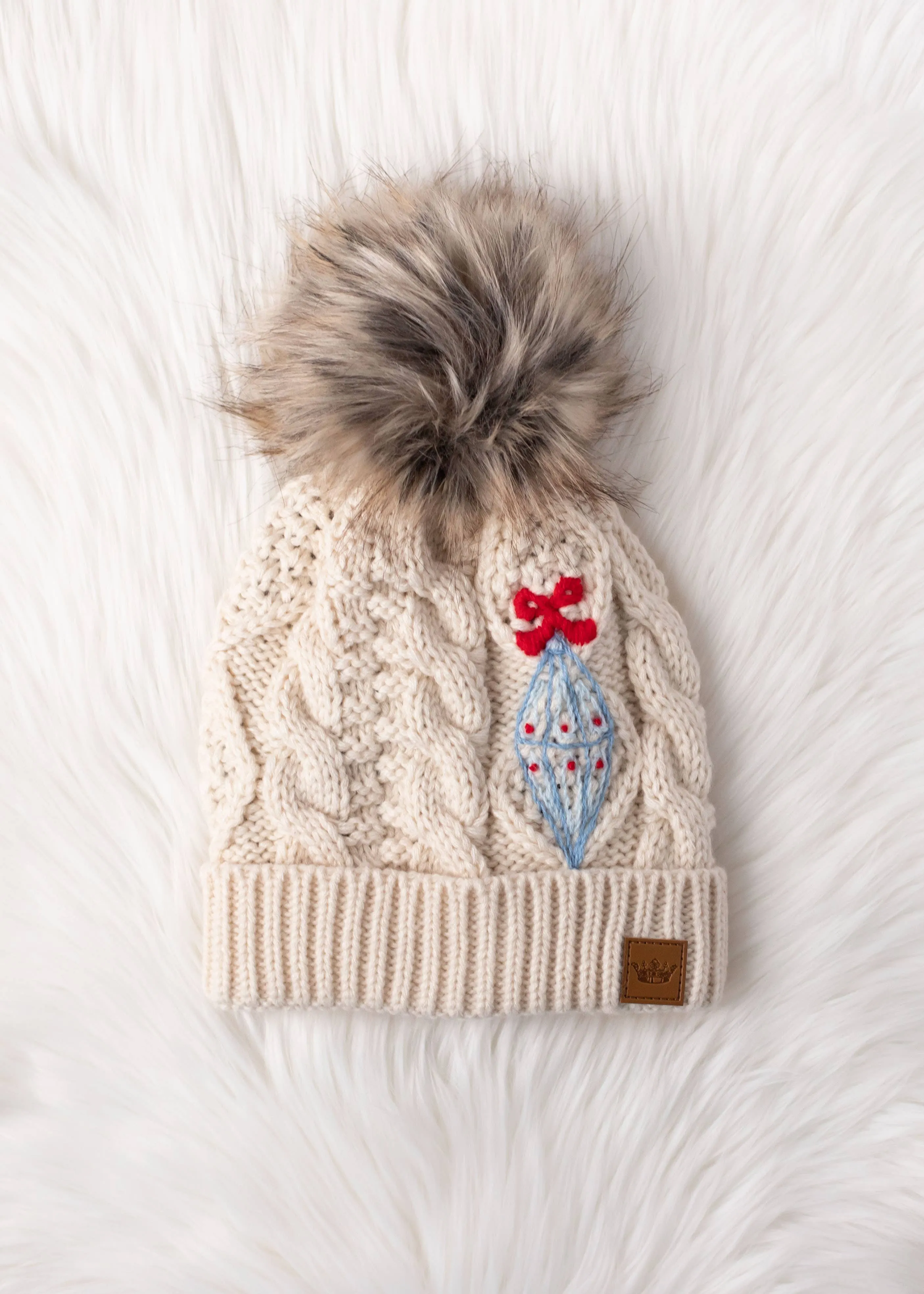 Beige Cable Knit Pom Hat w/ Embroidered Ornament  *final sale