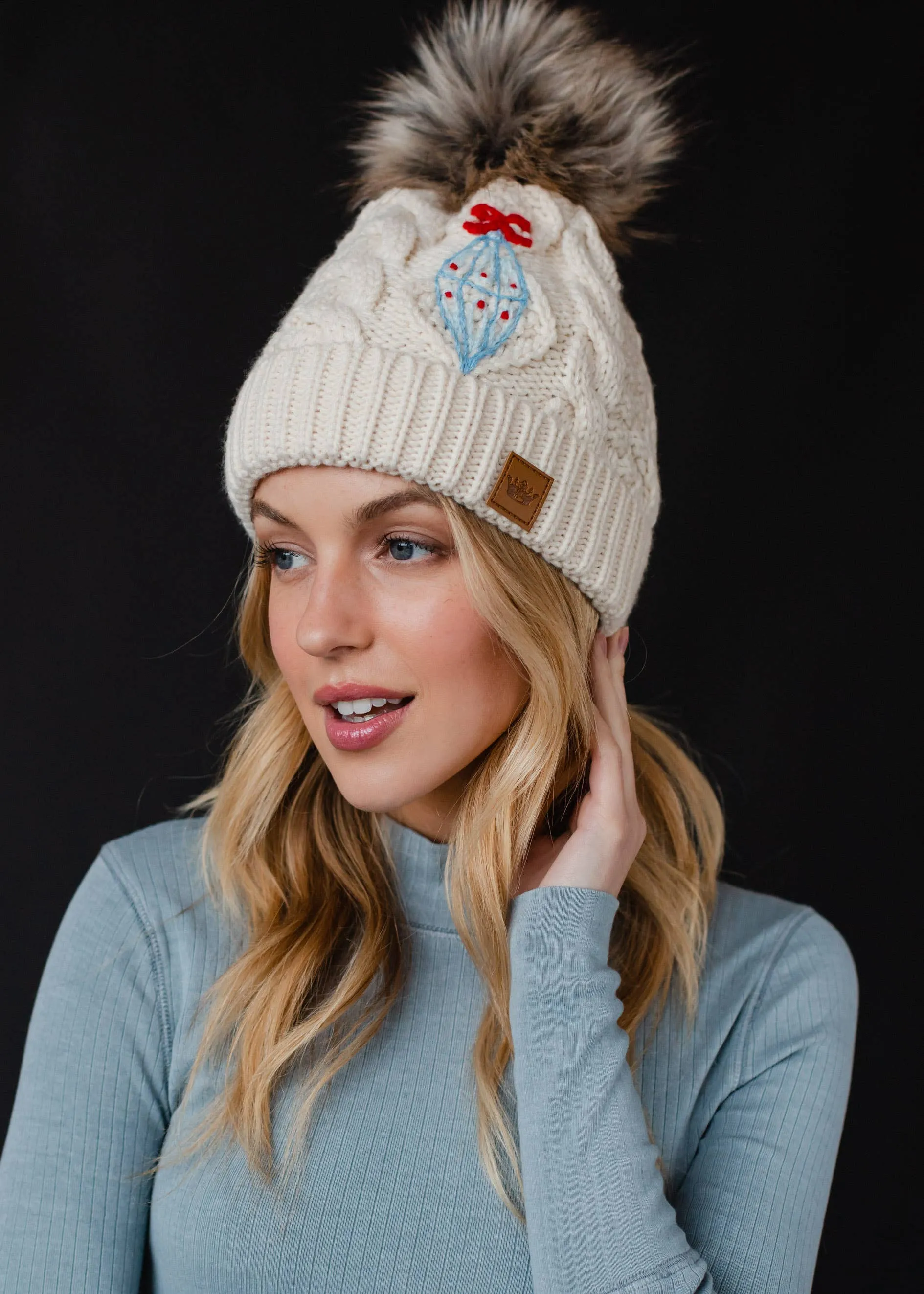 Beige Cable Knit Pom Hat w/ Embroidered Ornament  *final sale
