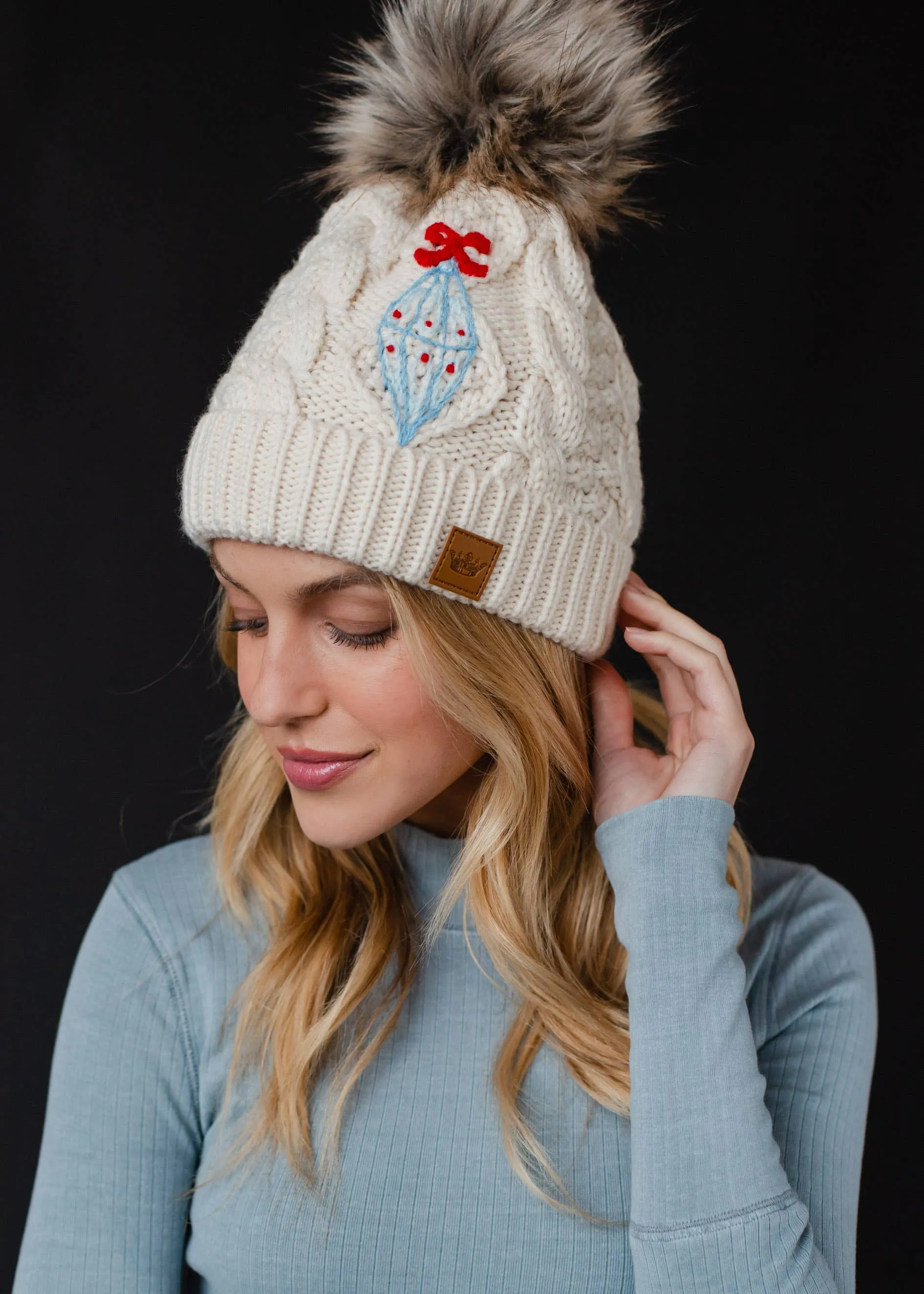 Beige Cable Knit Pom Hat w/ Embroidered Ornament  *final sale
