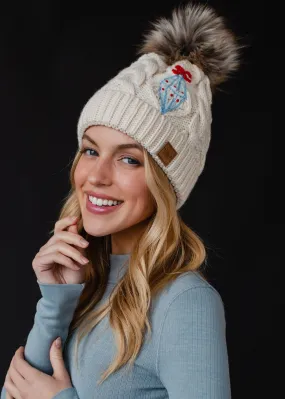 Beige Cable Knit Pom Hat w/ Embroidered Ornament  *final sale