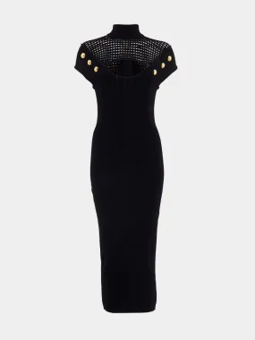 Black Button-Embellished Cutout Midi Dress