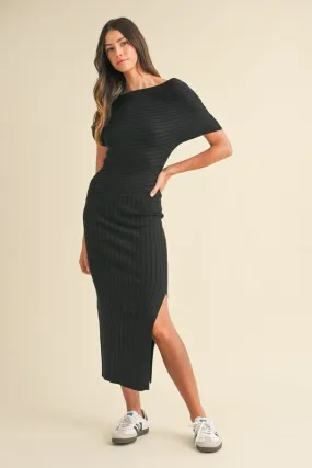 Black One Off Shoulder Side Slit Midi Dress