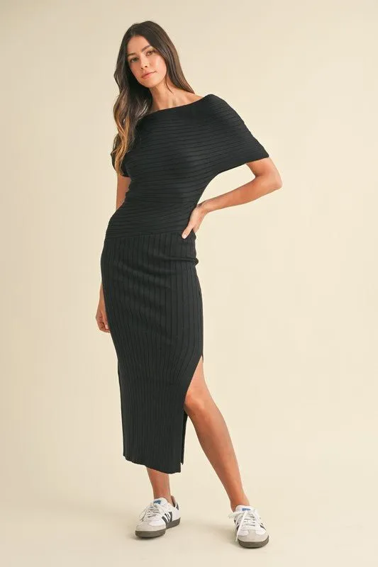 Black One Off Shoulder Side Slit Midi Dress