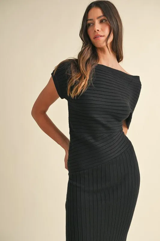 Black One Off Shoulder Side Slit Midi Dress
