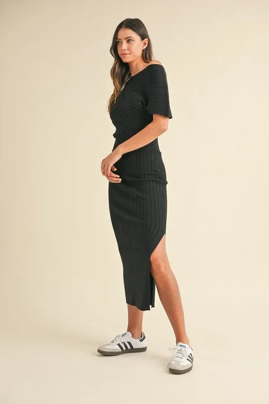 Black One Off Shoulder Side Slit Midi Dress