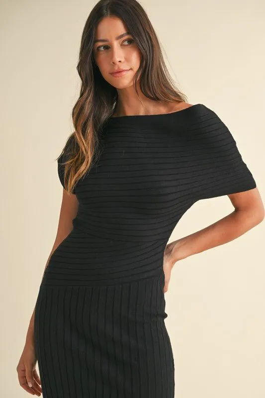 Black One Off Shoulder Side Slit Midi Dress