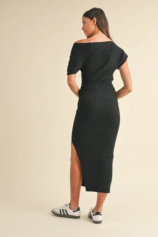 Black One Off Shoulder Side Slit Midi Dress
