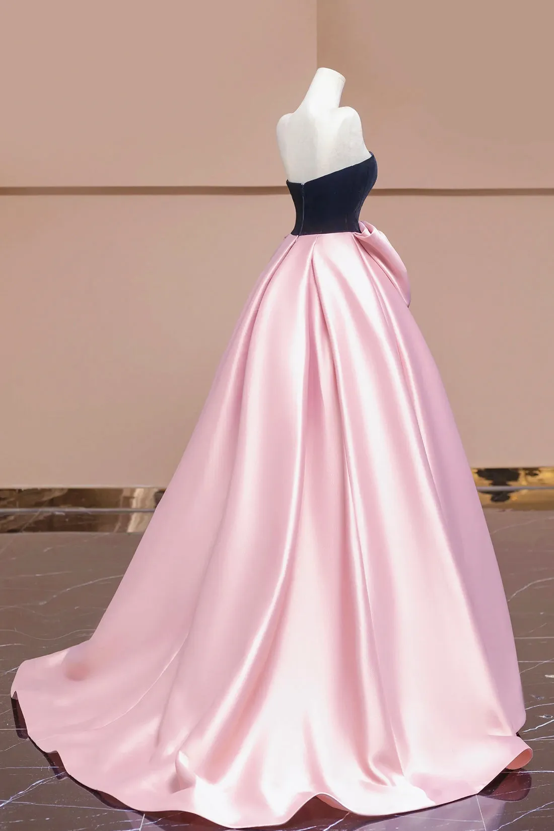 Black Velvet and Pink Satin Long Prom Dress, A-Line Strapless Evening Party Dress