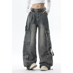 Bonnyshow Women Blue Jeans Cargo Pants Streetwear High Waist American Wide Leg Pants Fashion Y2K Style Female Winter Straight Trousers