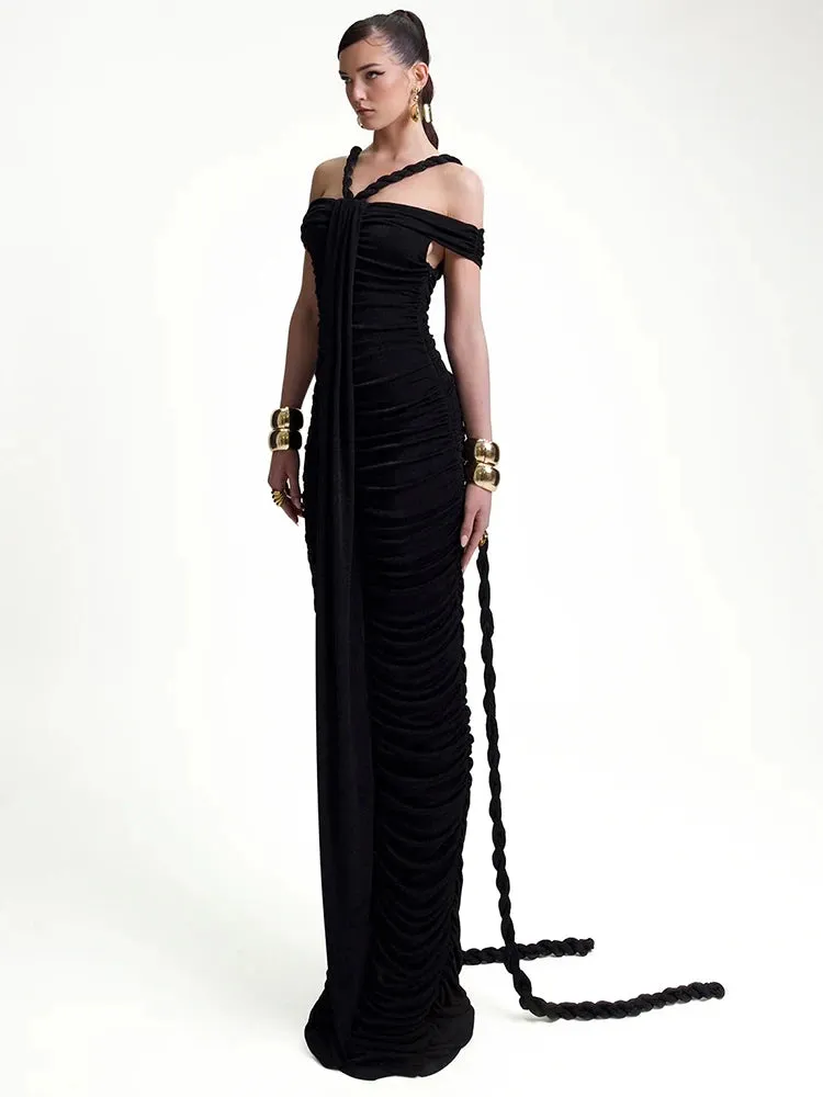 Braid Ribbon Ruched Short Sleeves Evening Gown